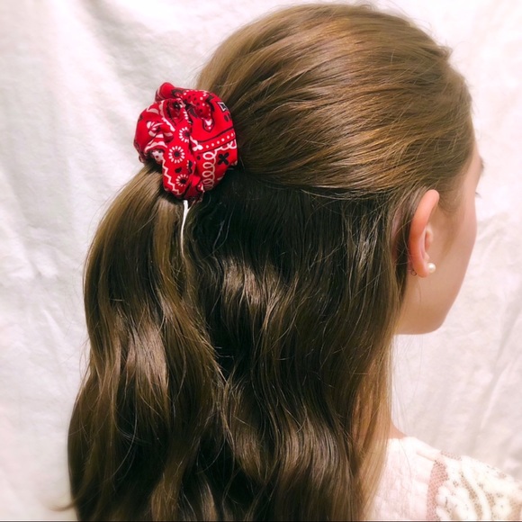 Handmade Red Bandana Scrunchie Boho Chic - Picture 3 of 3